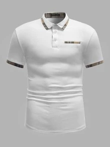 Manfinity VCAY Hombres Camisa polo con estampado de cuadros con parche de bolsillo - Blanco - Ver 3