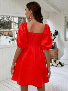 Puff Sleeve Shirred Bodice Dress - Red - View 2