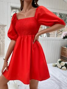 Puff Sleeve Shirred Bodice Dress - Red - View 3