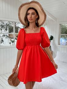 Puff Sleeve Shirred Bodice Dress - Red - View 4