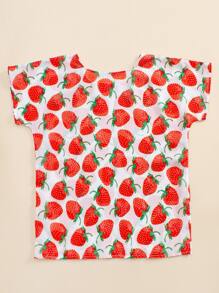 Toddler Girls Strawberry Print Cover Up - Red and White - View 2