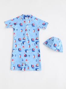 Young Boy Cartoon Graphic Zip Back One Piece Swimsuit With Swim Cap - Multicolor - View 2