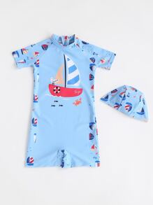Young Boy Cartoon Graphic Zip Back One Piece Swimsuit With Swim Cap - Multicolor - View 5