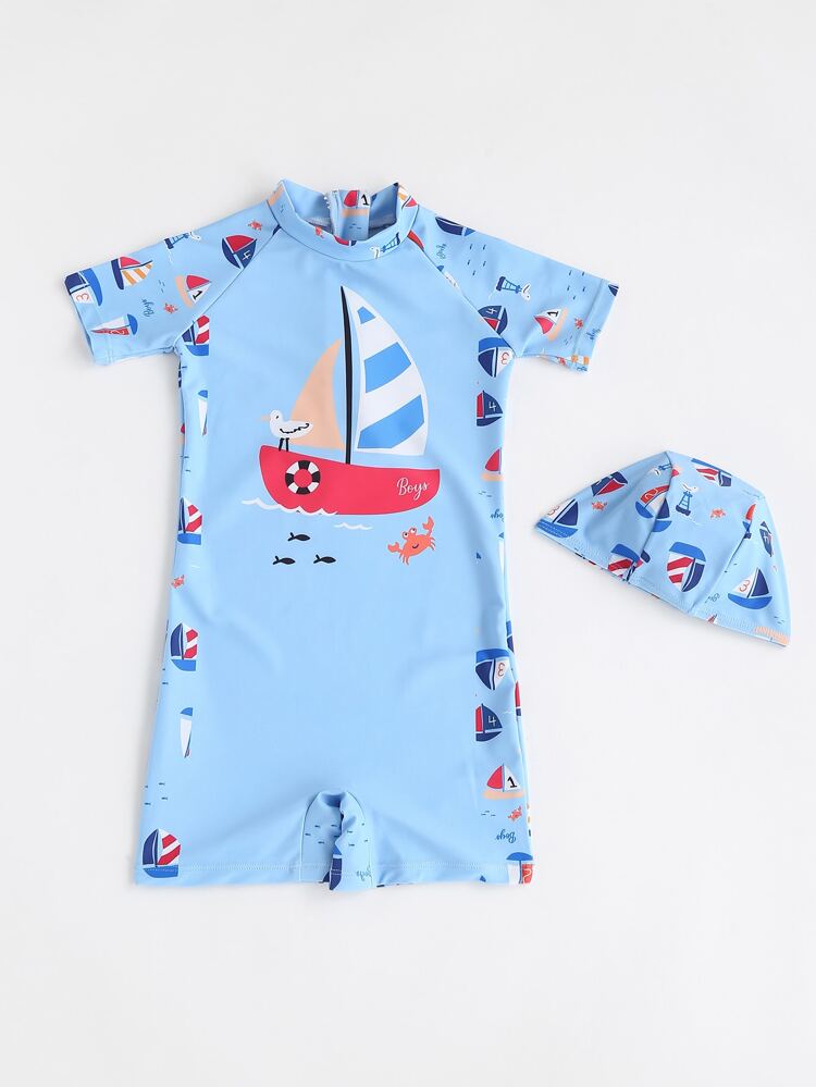 Young Boy Cartoon Graphic Zip Back One Piece Swimsuit With Swim Cap
