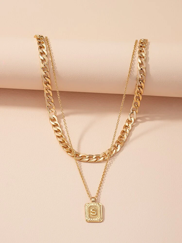 สร้อยคอเลเยอร์ มีดีเทลรูปจดหมาย จตุรัส จี้ห้อยคอ - สีเหลืองทอง - ดู 2