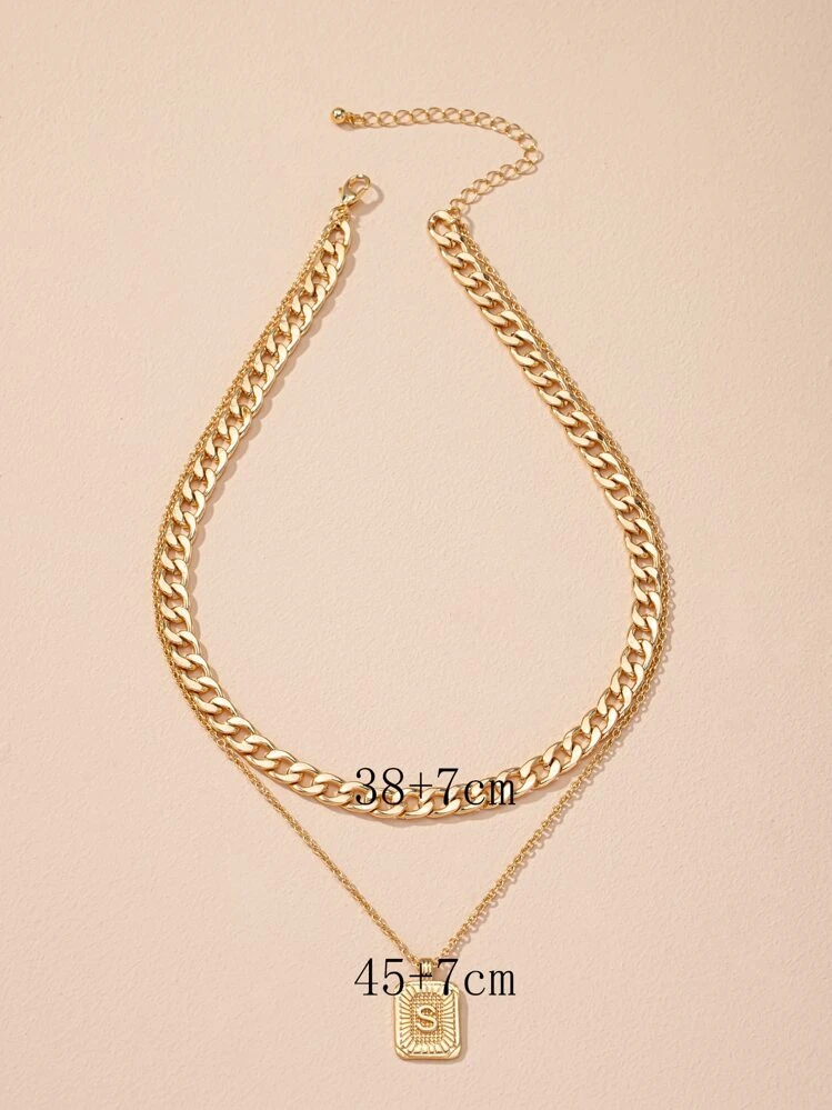 สร้อยคอเลเยอร์ มีดีเทลรูปจดหมาย จตุรัส จี้ห้อยคอ - สีเหลืองทอง - ดู 4