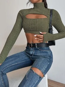 SHEIN Allurite 高領前鏤空短款上衣 - 軍綠色 - 查看 3