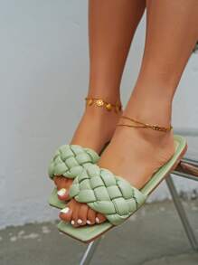 planare Sandalias tejidas de color liso para mujer, color verde menta, para vacaciones - verde menta - Ver 4