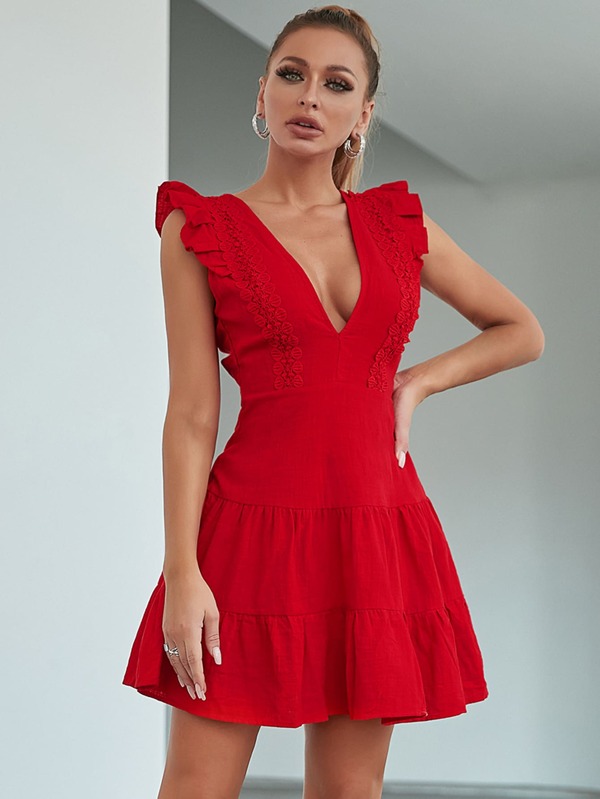 Double Crazy 1pc Women's Minimalist Summer Casual Party Dress, Random Printed V-Neck Midi Dress For Daily Wear