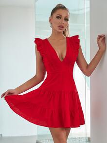 Double Crazy 1pc Women's Minimalist Summer Casual Party Dress, Random Printed V-Neck Midi Dress For Daily Wear