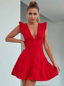 Double Crazy 1pc Women's Minimalist Summer Casual Party Dress, Random Printed V-Neck Midi Dress For Daily Wear