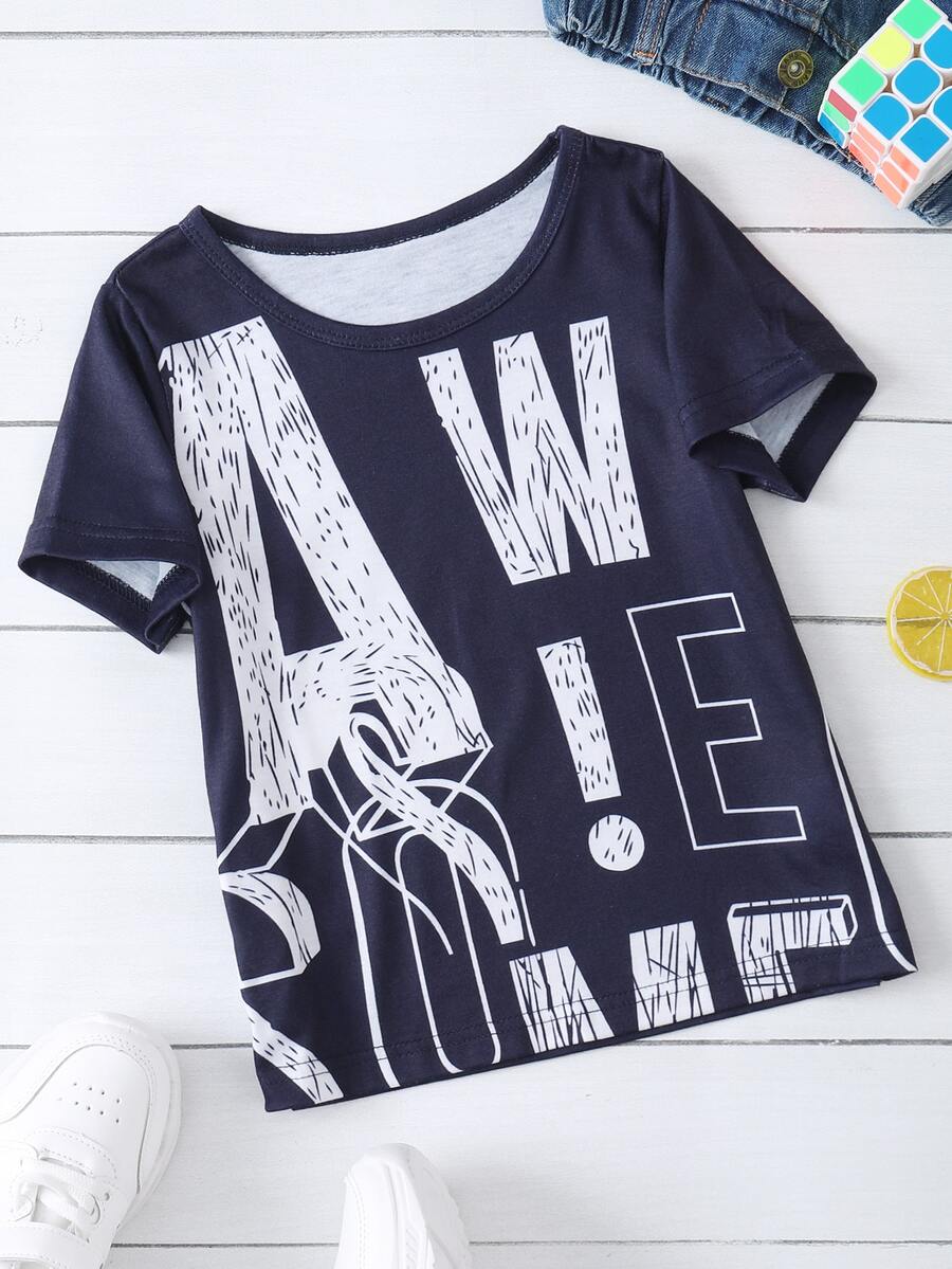 小男童字母圖案T恤 - 藏蓝色 - 查看 1