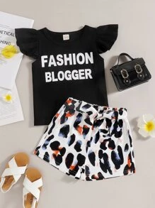 小女童字母圖案荷葉邊上衣和滿版印花附腰帶短褲 - 彩色 - 查看 1