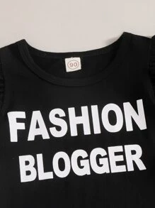 小女童字母圖案荷葉邊上衣和滿版印花附腰帶短褲 - 彩色 - 查看 3