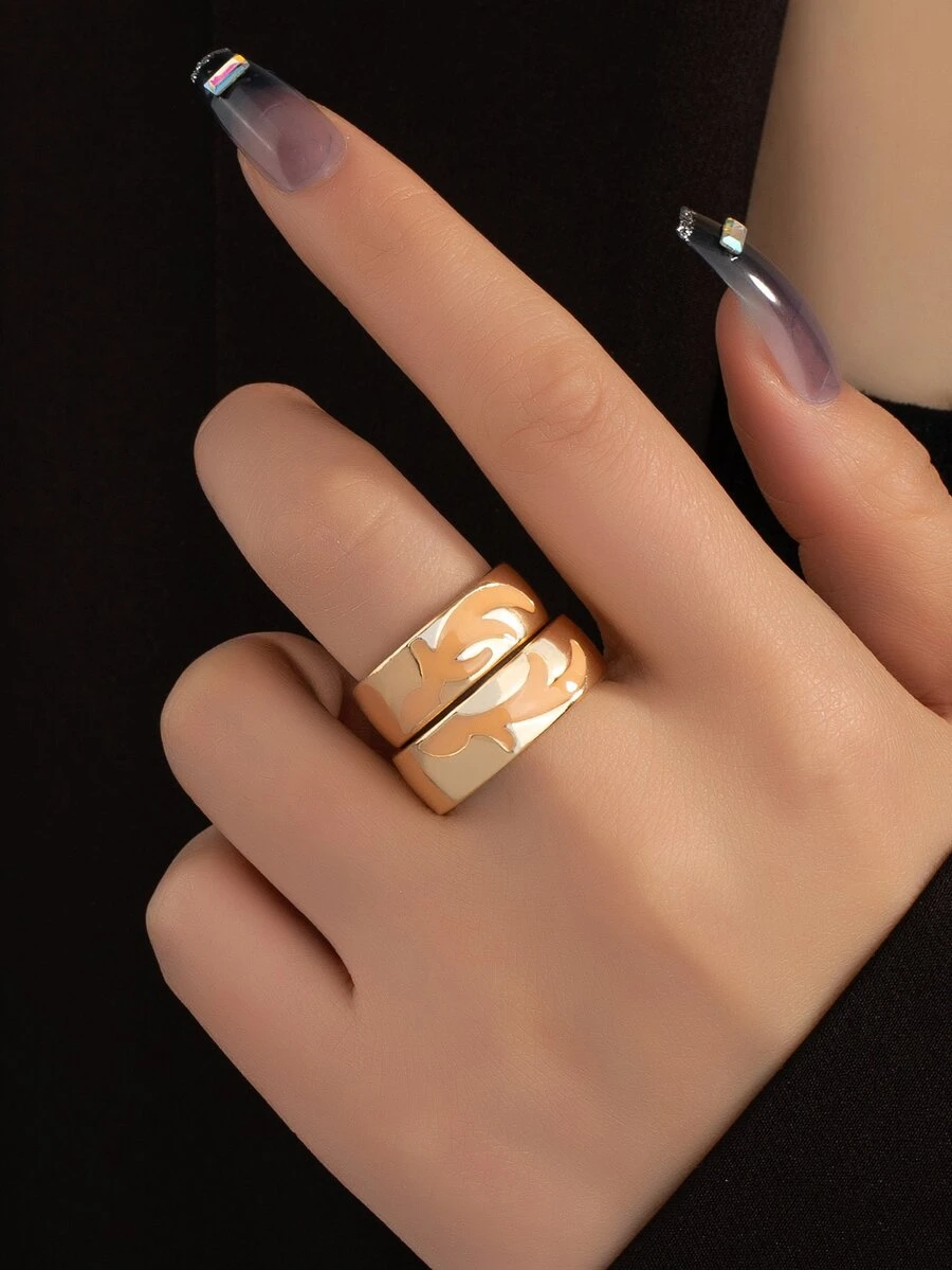 2pcs Couple Antlers Detail Ring - Yellow Gold - View 1
