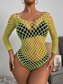 Classic Sexy Hollow Out Fishnet Teddy Bodysuit - Mint Green - View 4