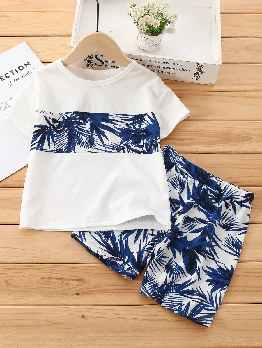 SHEIN Young Boy Tropical Print Tee With Shorts - Blue and White - View 1