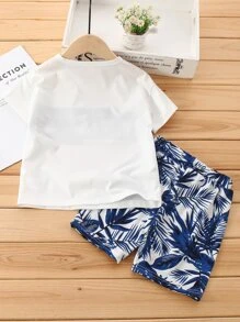 SHEIN Young Boy Tropical Print Tee With Shorts - Blue and White - View 2