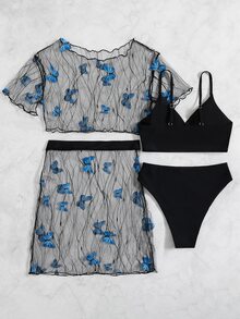 Butterfly Appliques Bikini With Cover Up Set, For Summer Beach Vacation - Black - View 2