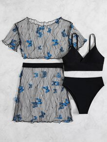 Butterfly Appliques Bikini With Cover Up Set, For Summer Beach Vacation - Black - View 3