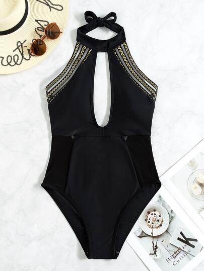 Plain Contrast Mesh One Piece Swimsuit Shein