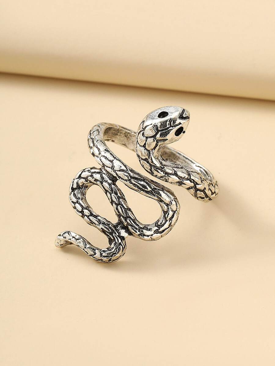 蛇形設計戒指 - 復古銀色 - 查看 1