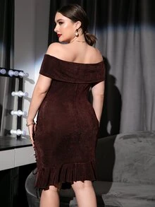 大碼一字肩褶邊前繫帶荷葉邊緊身洋裝 - 巧克力棕 - 查看 2