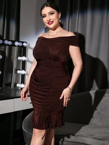 大碼一字肩褶邊前繫帶荷葉邊緊身洋裝 - 巧克力棕 - 查看 3