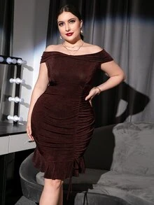 大碼一字肩褶邊前繫帶荷葉邊緊身洋裝 - 巧克力棕 - 查看 4