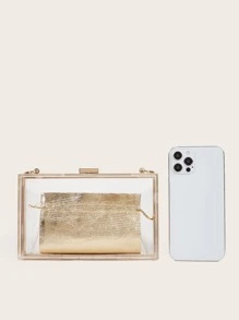 亚克力透明盒式单肩包链条包，时尚潮流派对手拿包 - 金色 - 查看 4