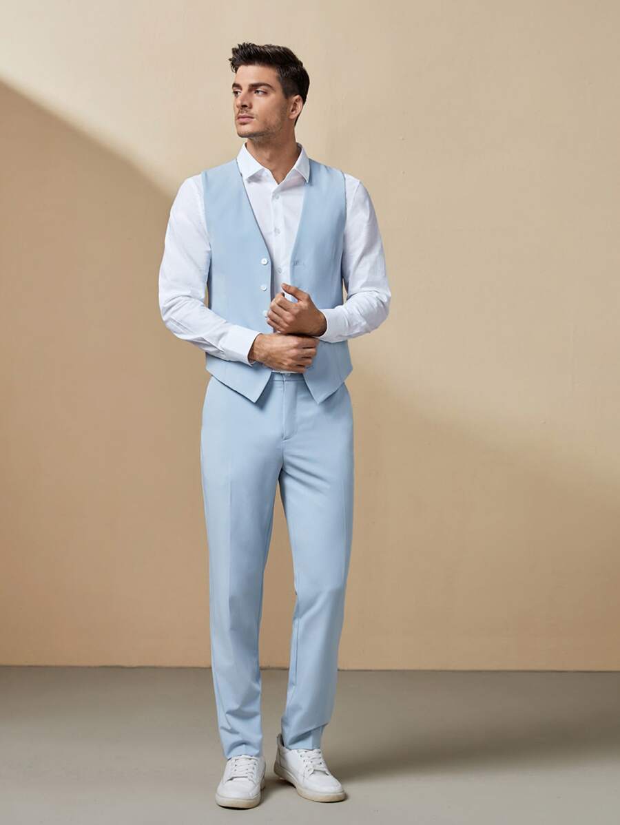 Manfinity Bizwear Bộ đồ nam Túi Dây kéo Nút phía trước màu trơn Công việc - Màu xanh nhạt - Xem 1