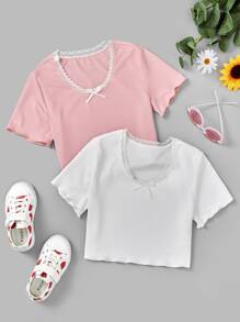 Girls 2pcs Lace Trim Bow Detail Tee - Multicolor - View 1