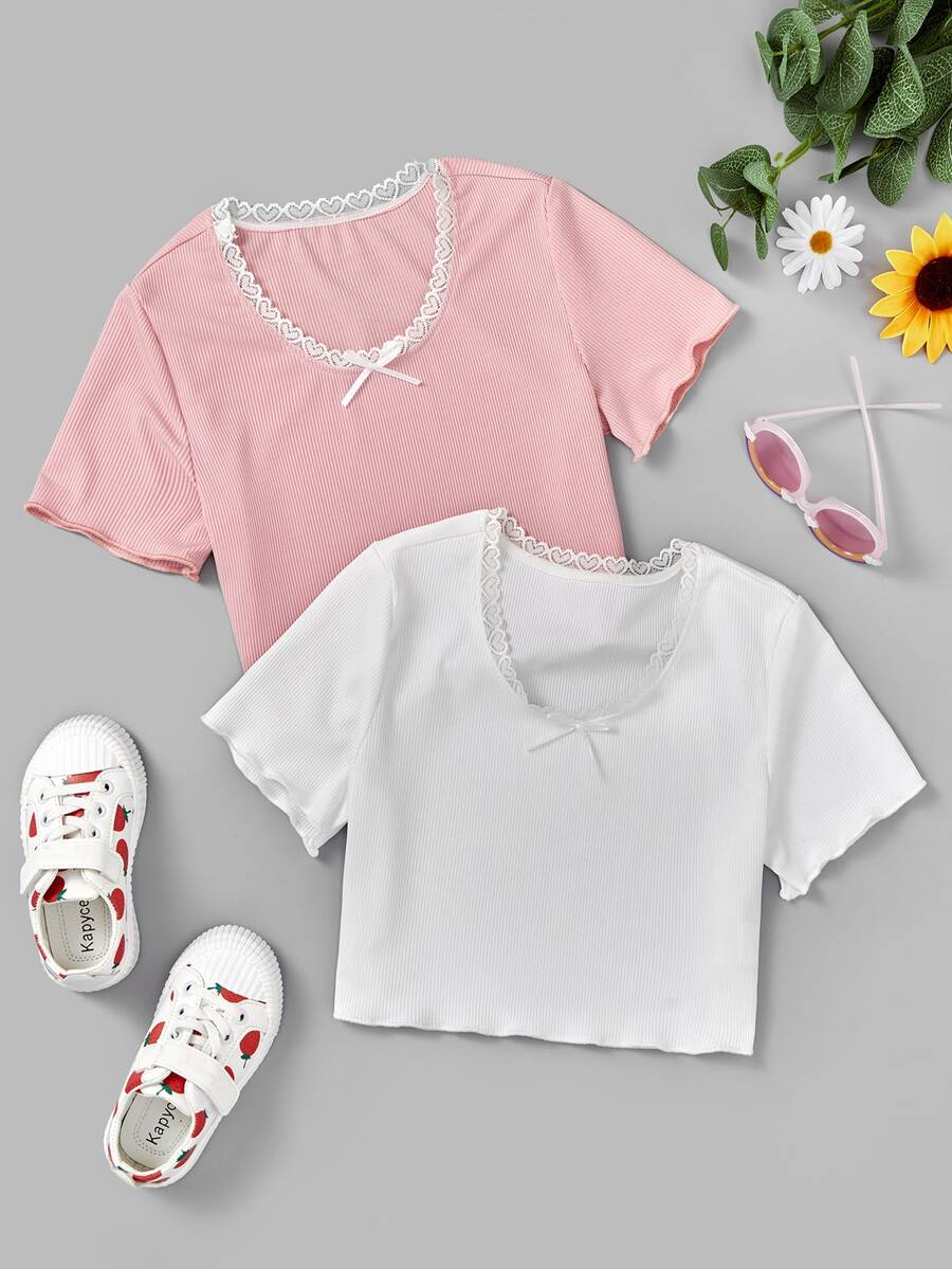 Girls 2pcs Lace Trim Bow Detail Tee - Multicolor - View 1