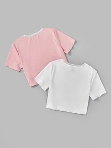 Girls 2pcs Lace Trim Bow Detail Tee - Multicolor - View 2