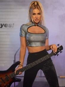 Mandarin Collar Cut Out Metallic Crop Top - Silver - View 1