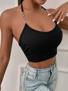 Chain Detail Tie Back Halter Crop Top - Black - View 1