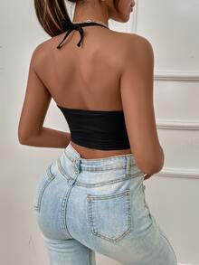 Chain Detail Tie Back Halter Crop Top - Black - View 2