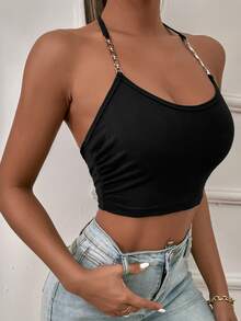 Chain Detail Tie Back Halter Crop Top - Black - View 4