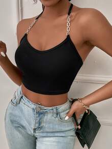 Chain Detail Tie Back Halter Crop Top - Black - View 6