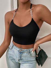 Chain Detail Tie Back Halter Crop Top - Black - View 7
