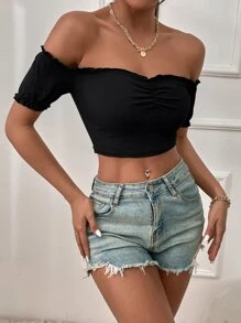 Breezaya Off Shoulder Lettuce Trim Top - Black - View 3