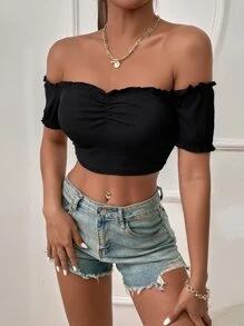 Breezaya Off Shoulder Lettuce Trim Top - Black - View 4