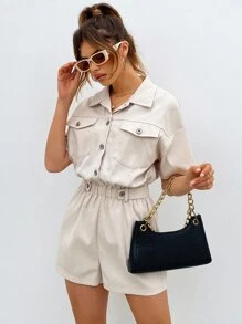 SHEIN Unity Buttoned Front Pocket Patched Shirt Romper - Beige - View 1