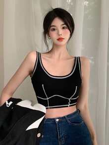 Tank Top Crop dengan Jahitan Kontras - Hitam - View 1