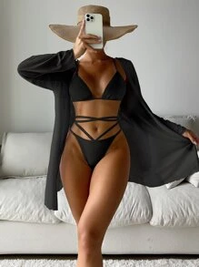 Plain Criss Cross Halter Triangle Bikini Set With Kimono, For Summer Beach Vacation - Black - View 1