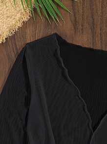 Plain Criss Cross Halter Triangle Bikini Set With Kimono, For Summer Beach Vacation - Black - View 3