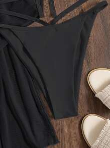 Plain Criss Cross Halter Triangle Bikini Set With Kimono, For Summer Beach Vacation - Black - View 4