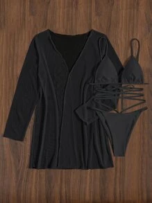 Plain Criss Cross Halter Triangle Bikini Set With Kimono, For Summer Beach Vacation - Black - View 5