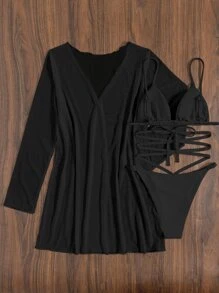 Plain Criss Cross Halter Triangle Bikini Set With Kimono, For Summer Beach Vacation - Black - View 6