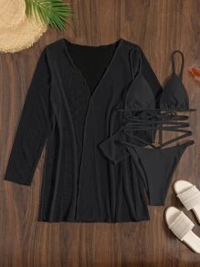 Plain Criss Cross Halter Triangle Bikini Set With Kimono, For Summer Beach Vacation - Black - View 7